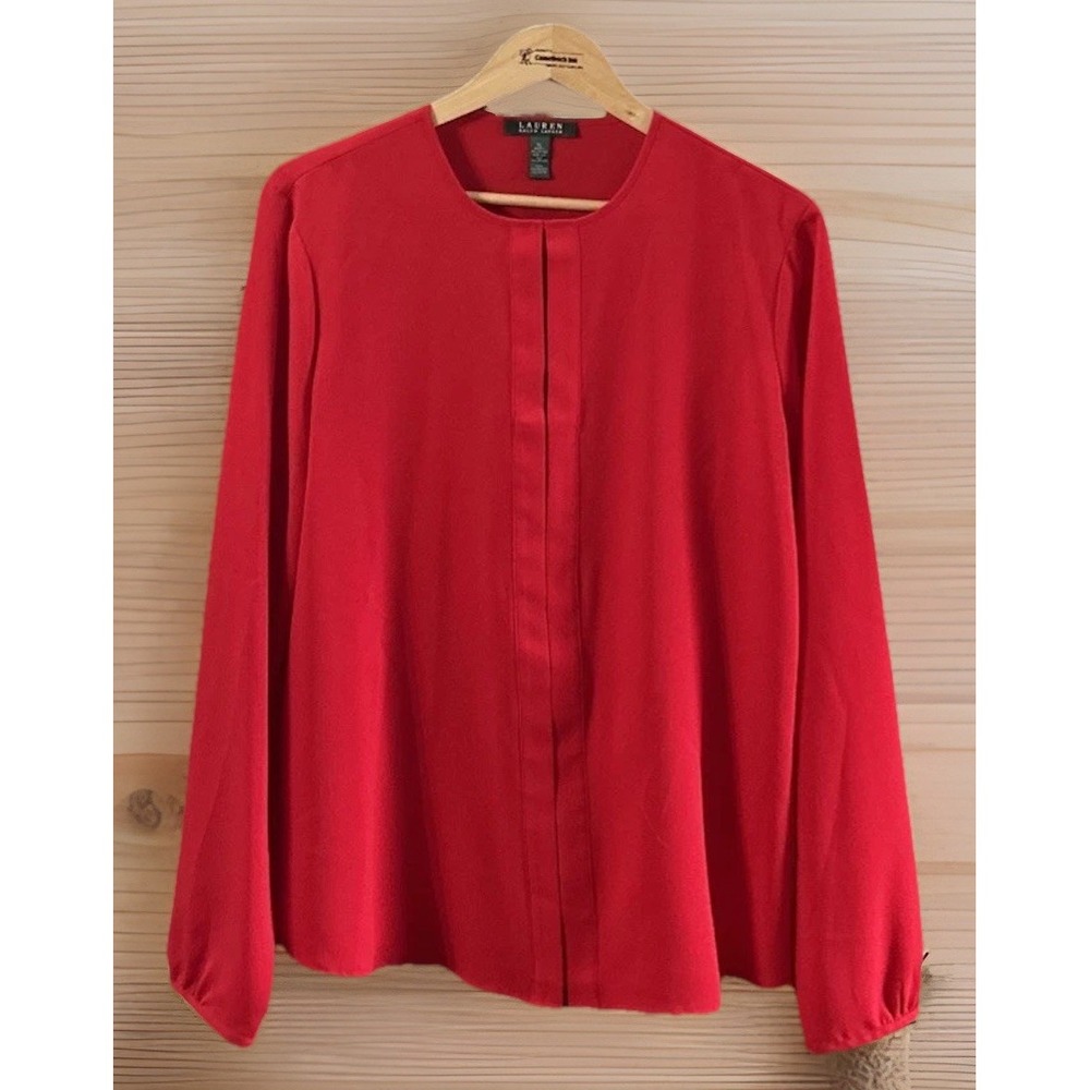 Lauren Ralph Lauren Red Tunic Blouse Sz XL Long Sleeve Keyhole Opening 💯% Poly